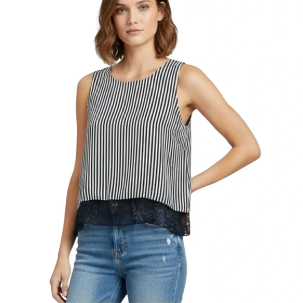 Zara Navy & White Striped Sleeveless Top With Lace Hem Size Medium - Picture 1 of 5